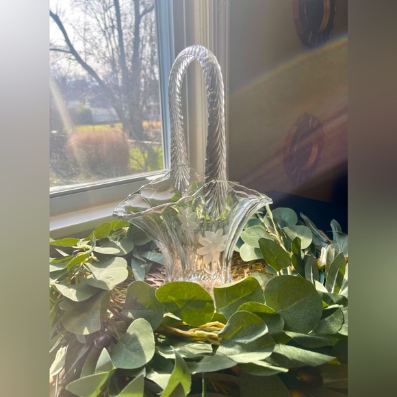 Duncan & Miller Other - Vintage Glass Basket Duncan & Miller With Elegant Etched Cornflowers, Large